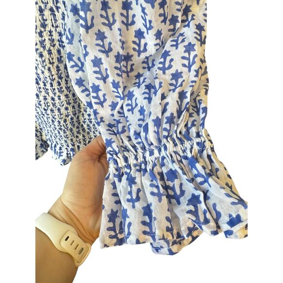 OLIPHANT Smocked Blouse Flora Blue Sz Small Square Neck Coastal Preppy $116 MSRP - Picture 7 of 8